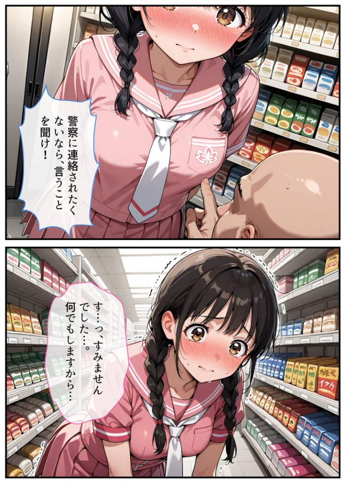 エロ漫画：万引きセーラー服●●●●にスーパーの店長が中●しをした話 モザイク版 【AIザッハトルテ あいラビ】 サンプル画像