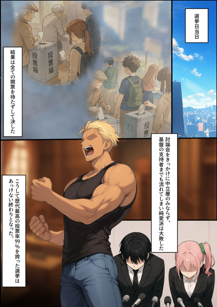 エロ漫画:投票率99%!?寝取り派VS純愛派〜勝者の先に待つ日常〜寝取りルート モザイク版 【しゃる あいラビ】 サンプル画像