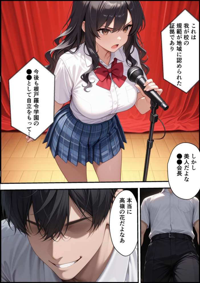 エロ漫画:上級国民に支配された学園生徒会長が学園を守るため処女喪失ショーを行う話 モザイク版 【バベル太郎 あいラビ】 サンプル画像