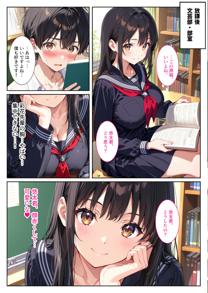 エロ漫画：文芸部の先輩（爆乳）におっぱい揉ませてと土下座でお願いしたら… モザイク版 【StudioSR あいラビ】 サンプル画像
